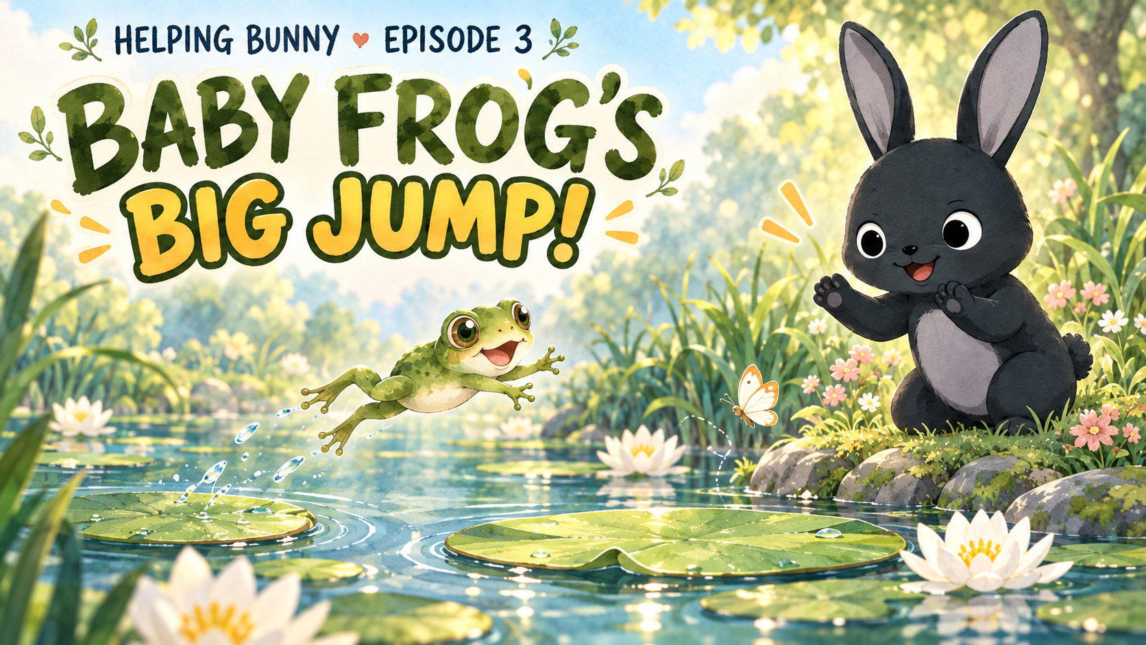 Baby Frog leaps between lily pads while Helping Bunny cheers beside the pond.